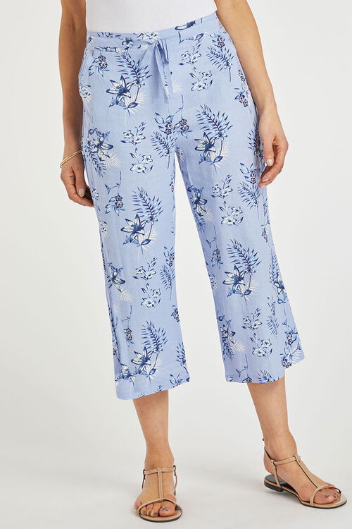 Blue Linen Crop Floral Print Trousers | Bonmarché
