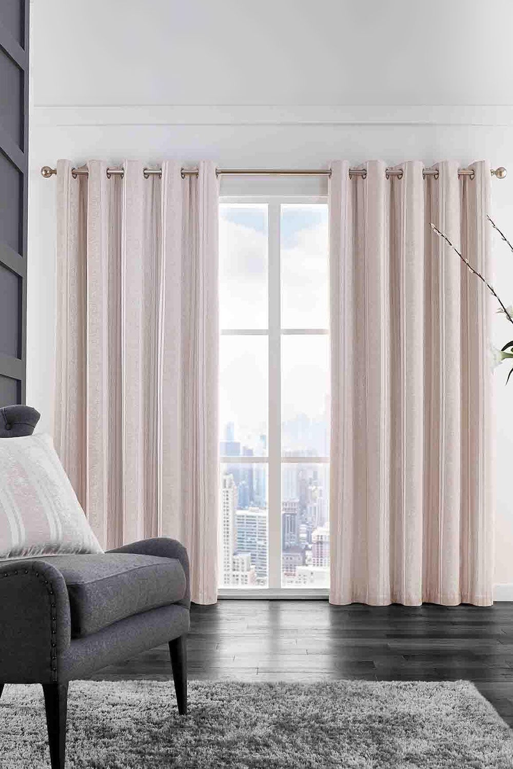 Bonmarche Hotel Stripe Champagne Thermal Eyelet Curtain Pair, Size: 90 Inch