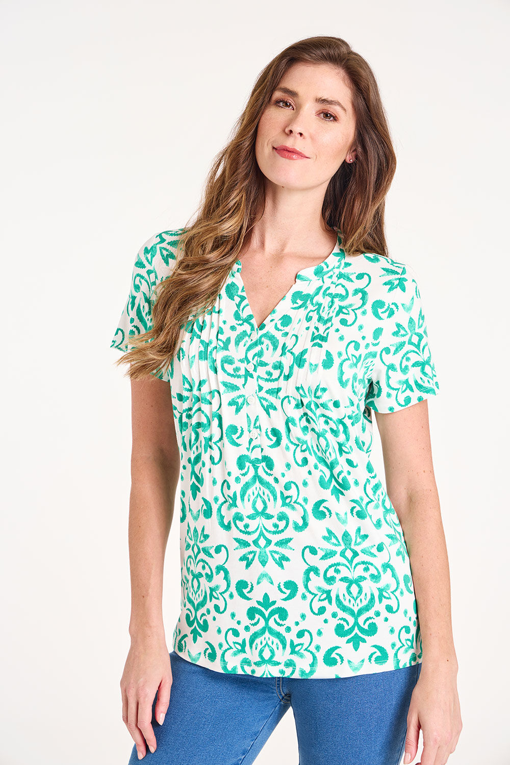 Bonmarche Green Short Sleeve Watercolour Print Overhead Shirt, Size: 10