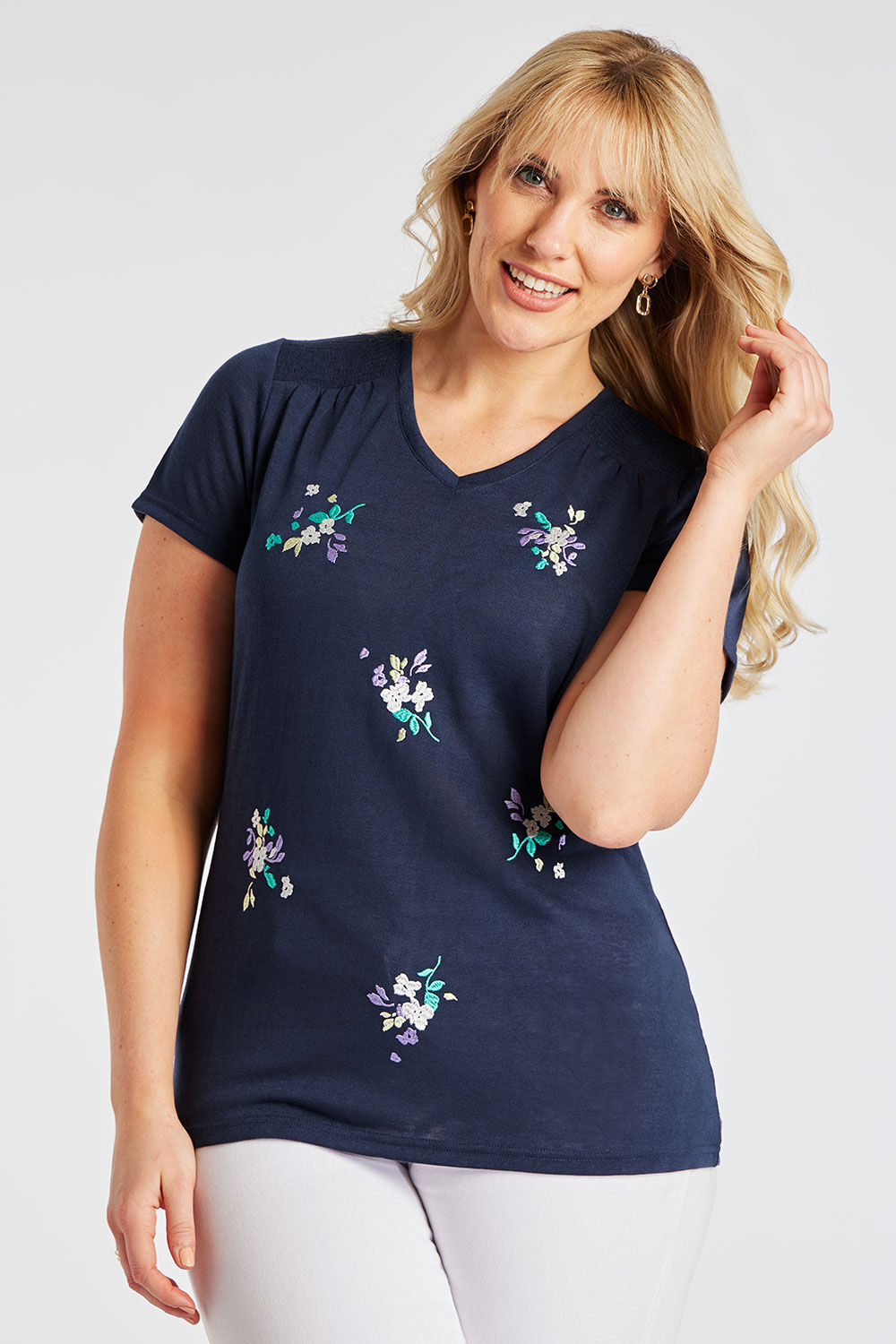 Bonmarche Navy Short Sleeves Embroidered Flower T-Shirt, Size: 20