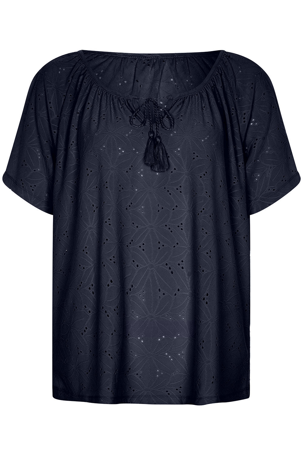 Bonmarche Navy Short Sleeve Broderie Design Jersey T-Shirt, Size: 20