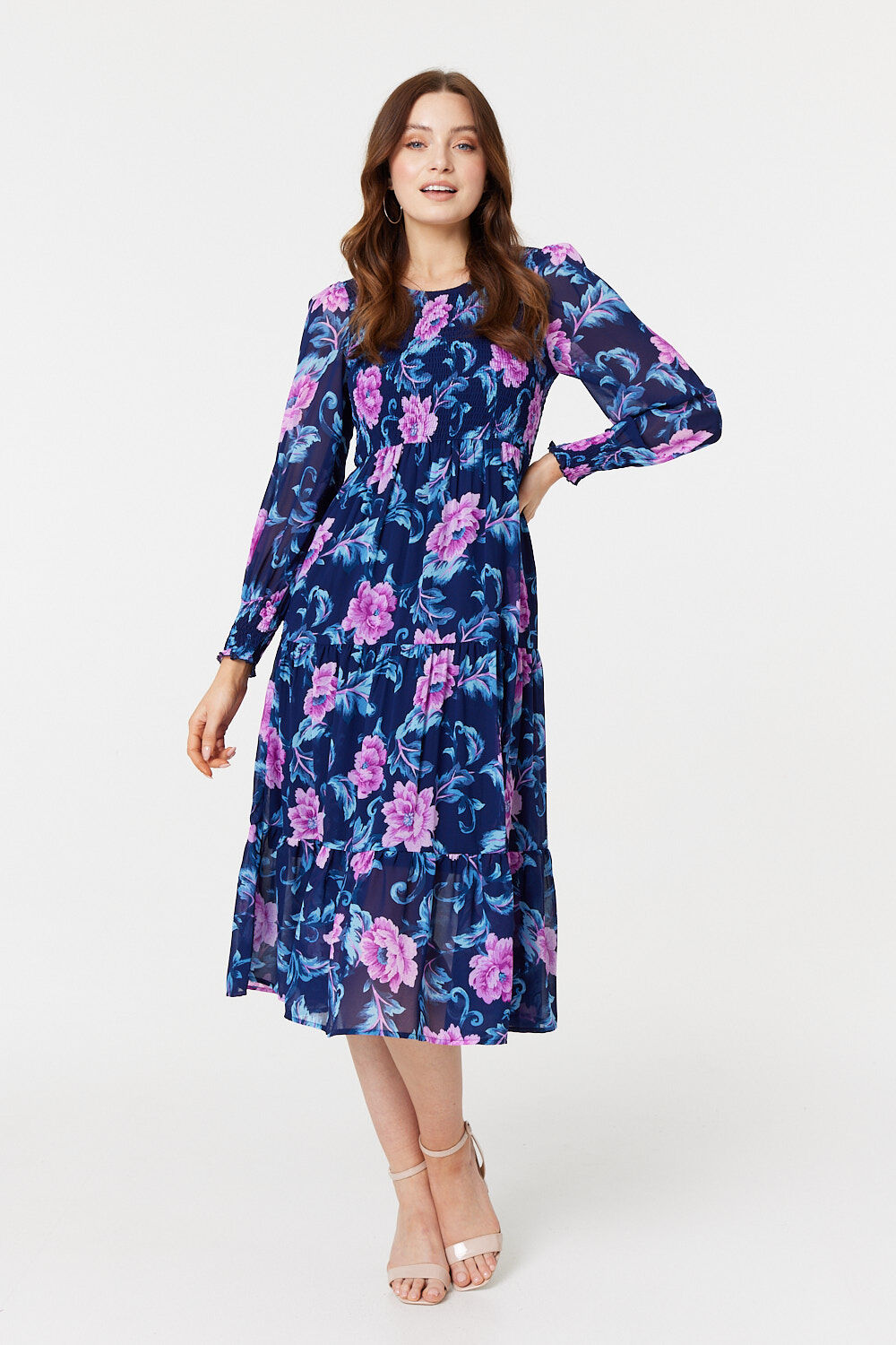 Izabel London Navy - Floral Semi-Sheer Tiered Midi Dress, Size: 18