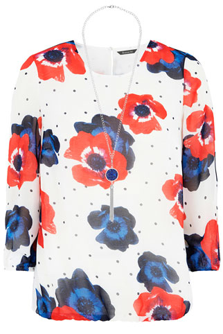 Poppy And Spot Print Blouse With Necklace
