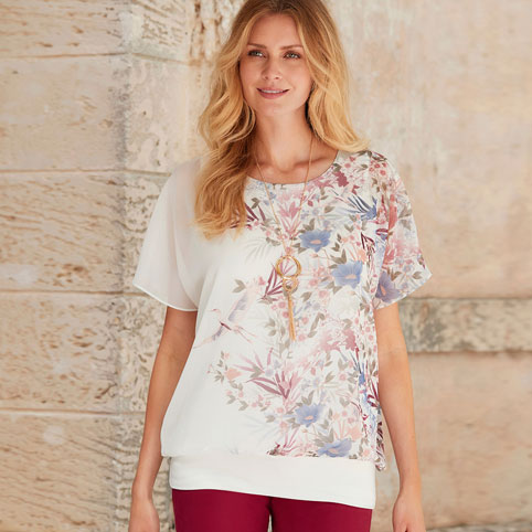 Oriental Print Blouson Top with Necklace