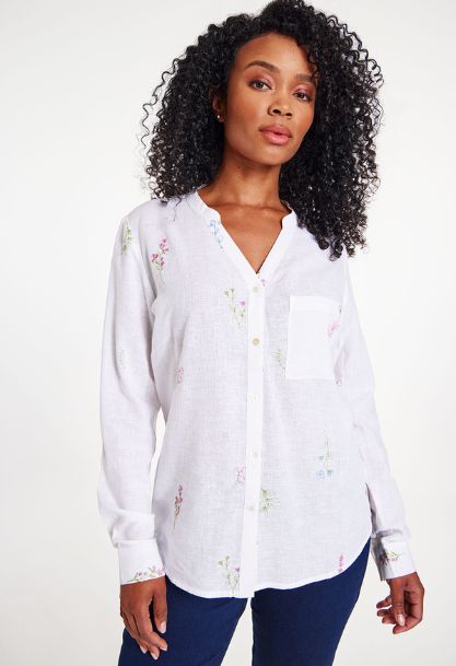Long Sleeve Embroidered Flowers Button Through Linen Shirt