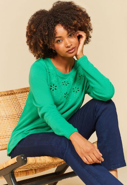 Long Sleeve Cutout Embroidered Neckline Sweatshirt