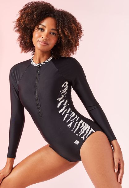 DASH - Long Sleeve Monochrome Zebra Zip Front Swimsuit 