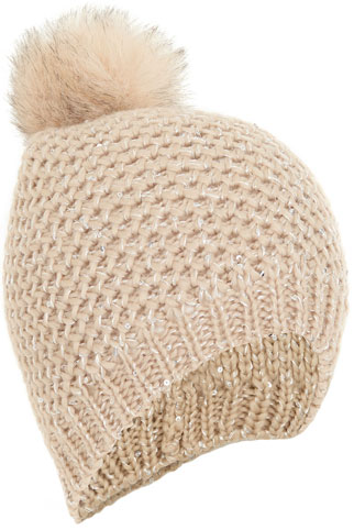 Knitted Hat with Sequines and Fur Pom Pom