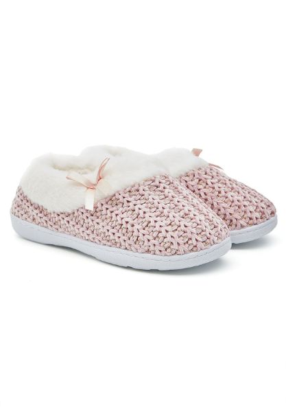 Knitted Fur Trim Slippers with Bow Detail