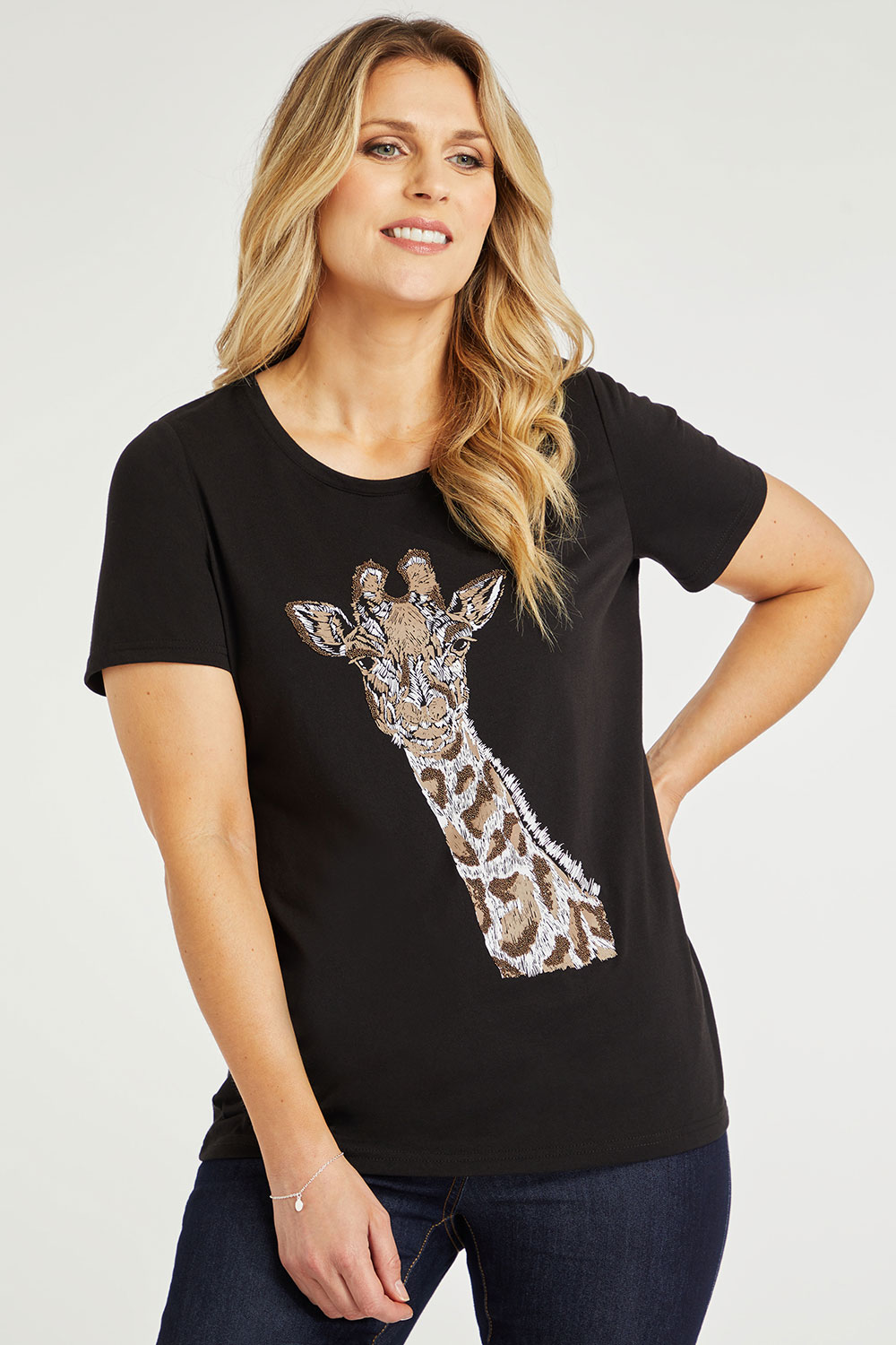 Black Embellished Giraffe T-Shirt | Bonmarché