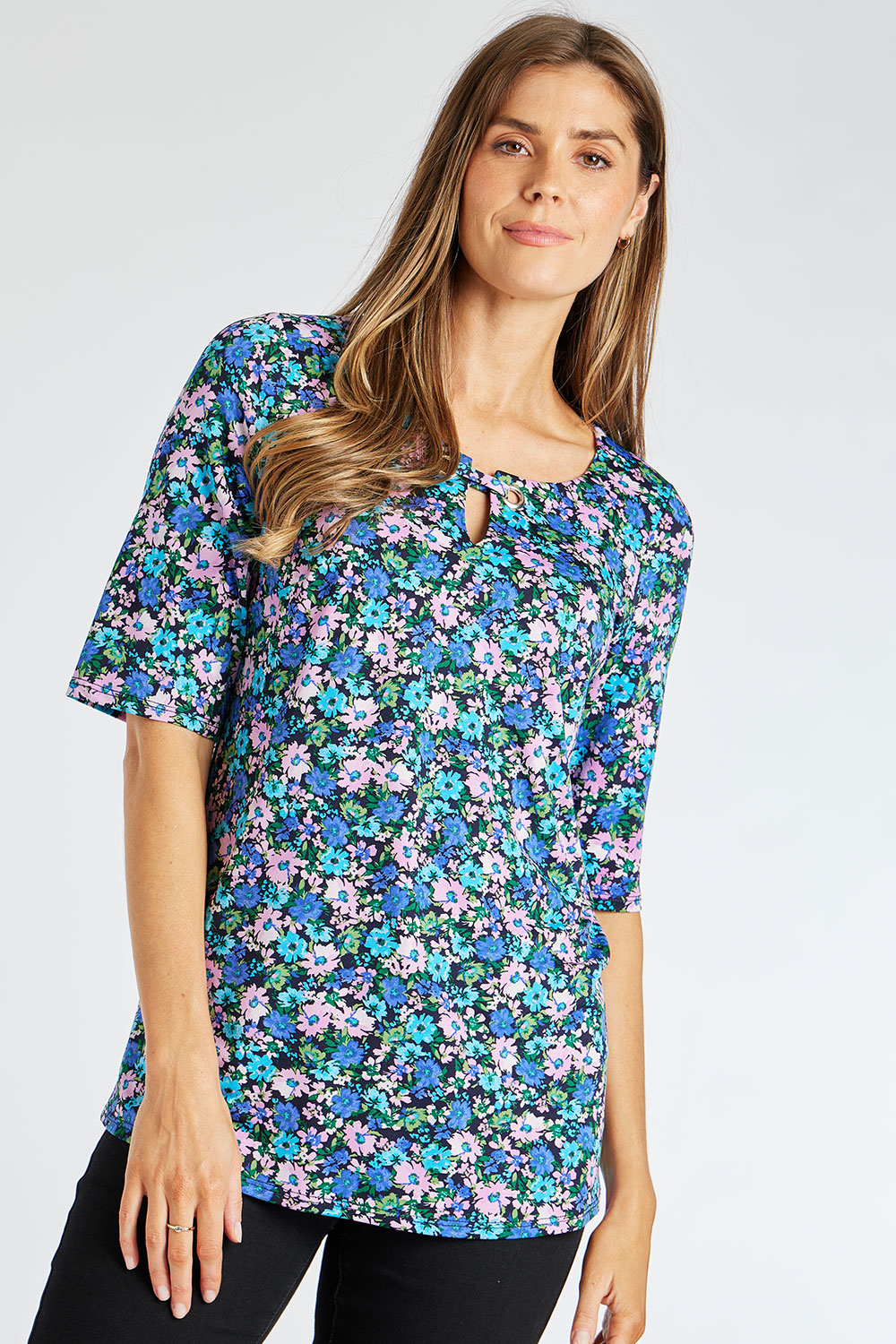 Short Sleeve Ditsy Floral Print Tunic with Eyelet Detail | Bonmarché