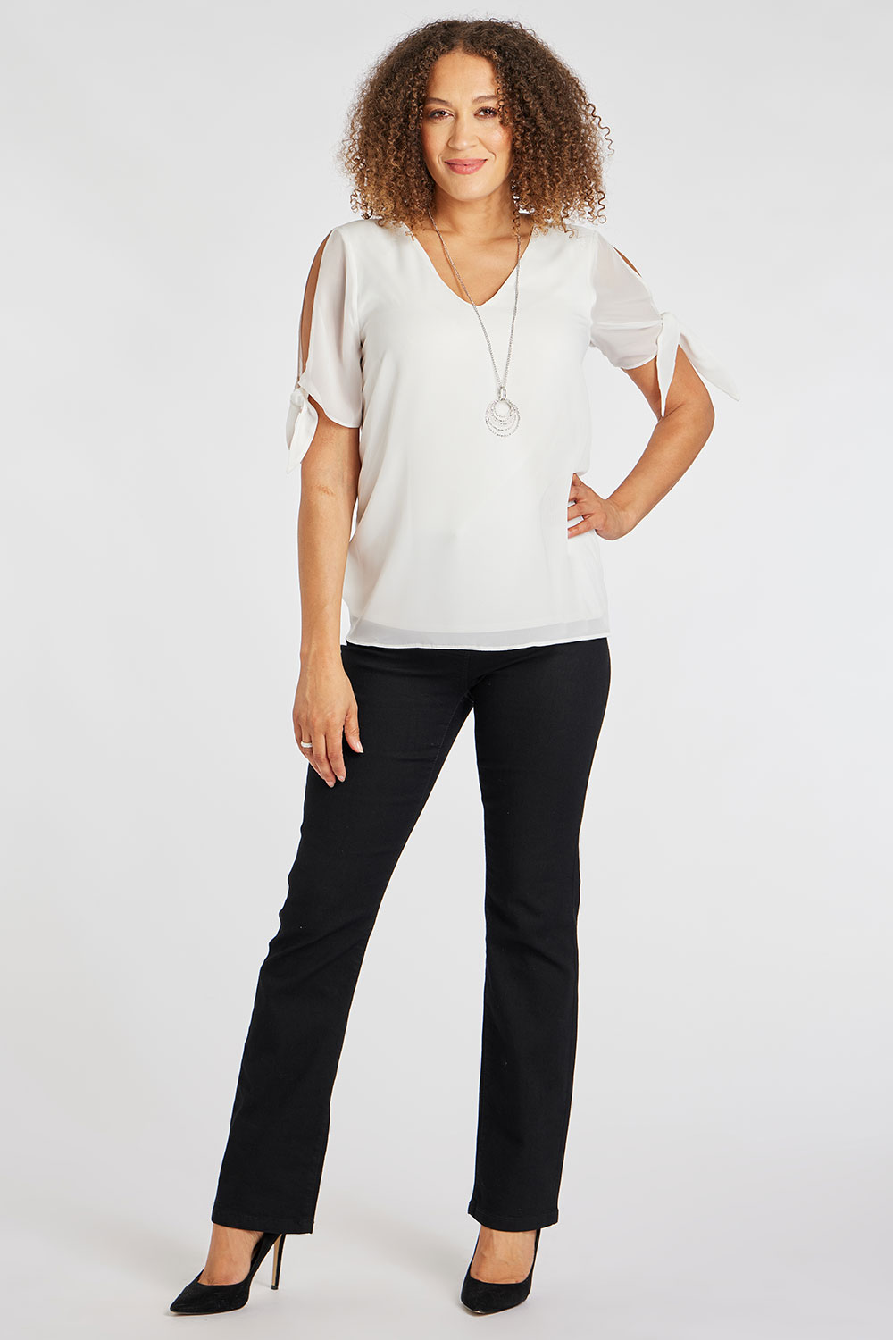 Short Sleeve Double Layer Chiffon Top with Necklace | Bonmarché