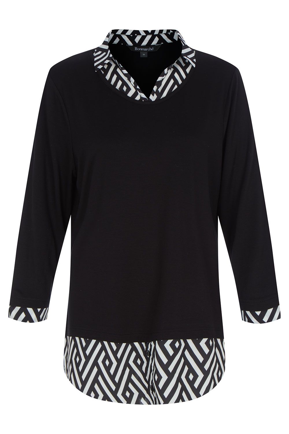 Long Sleeve 2 in 1 Top with Geo Print Collar | Bonmarché