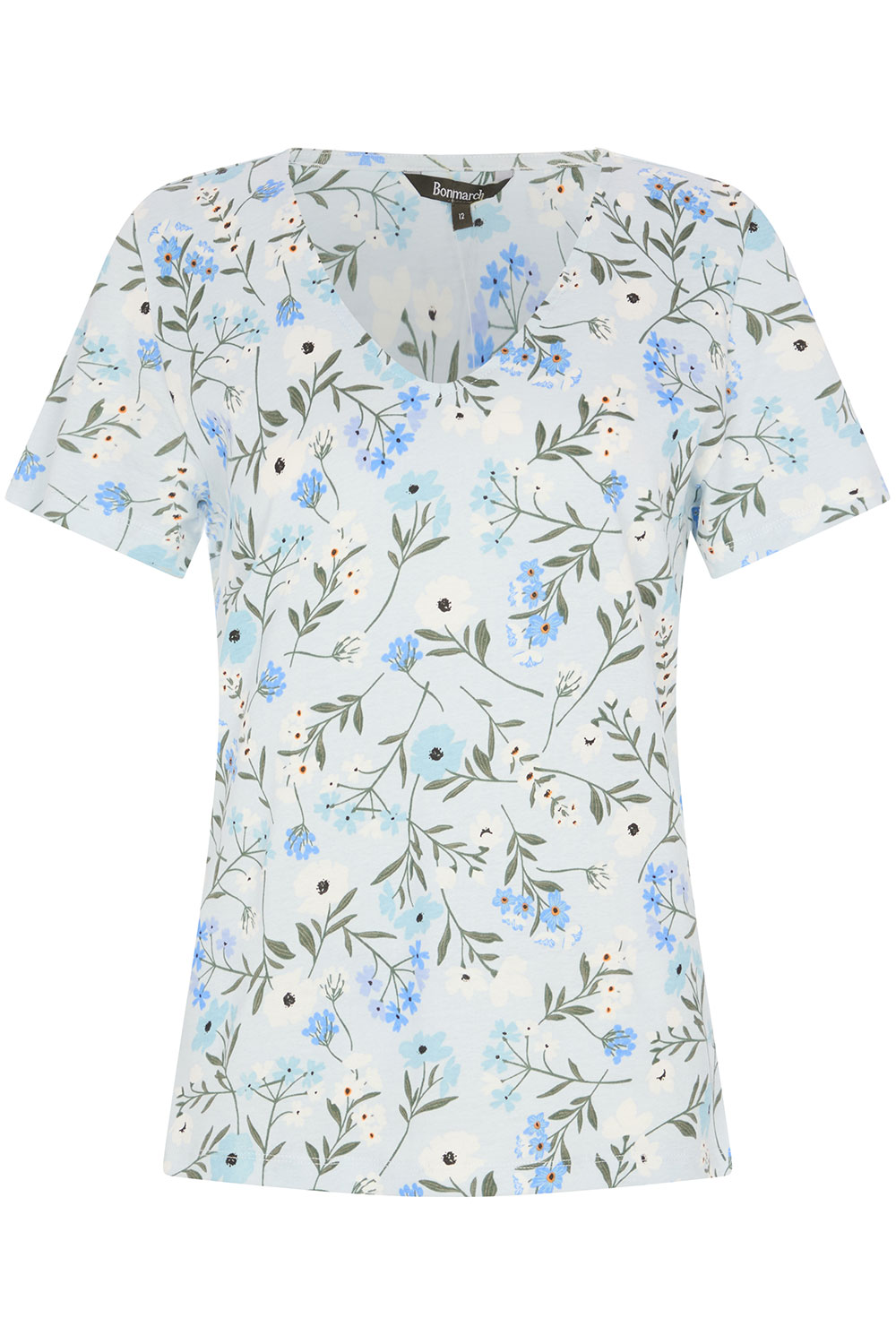 Short Sleeve Pressed Flower Print V-Neck T-Shirt | Bonmarché