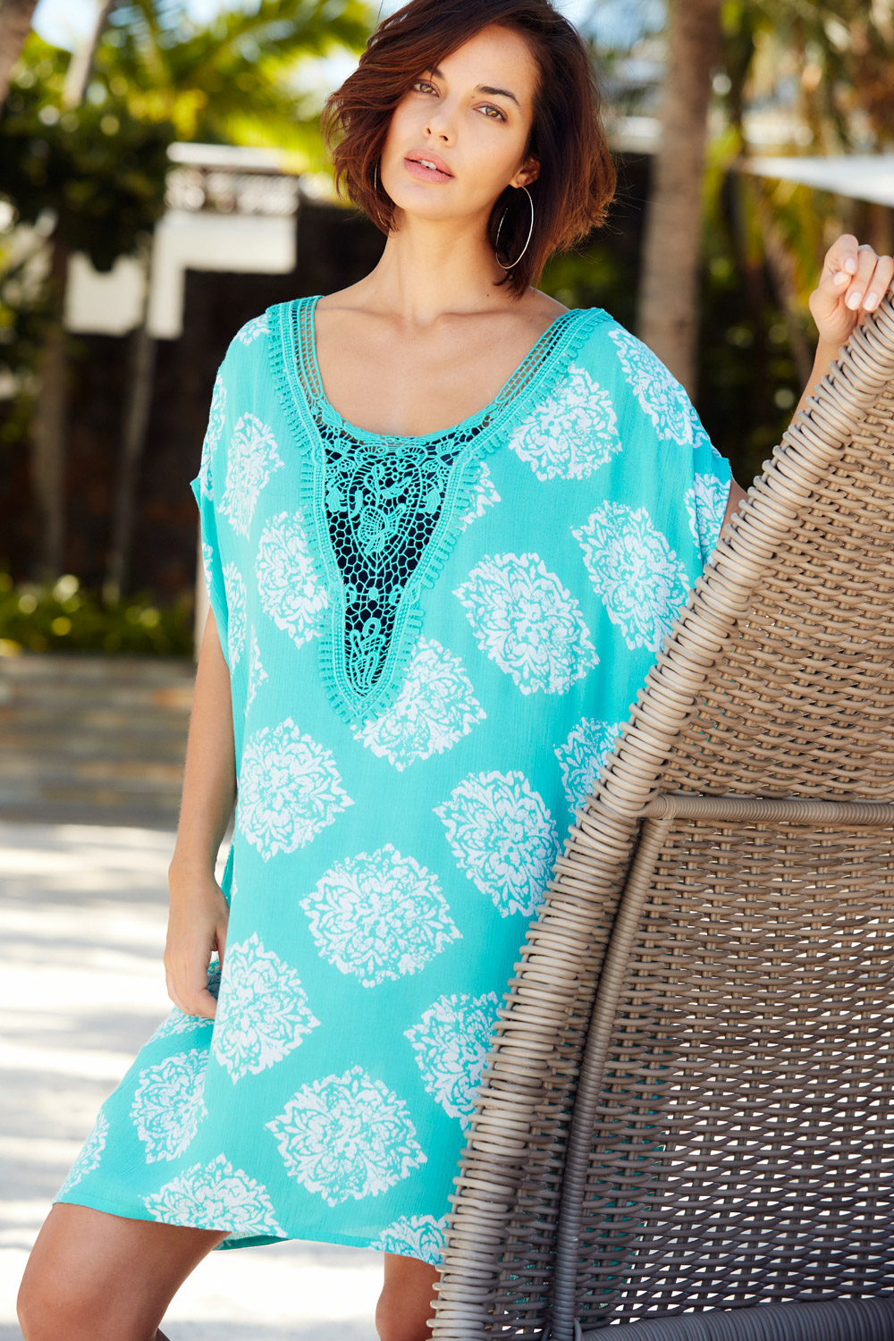 Printed Kaftan with Lace Detail Neckline