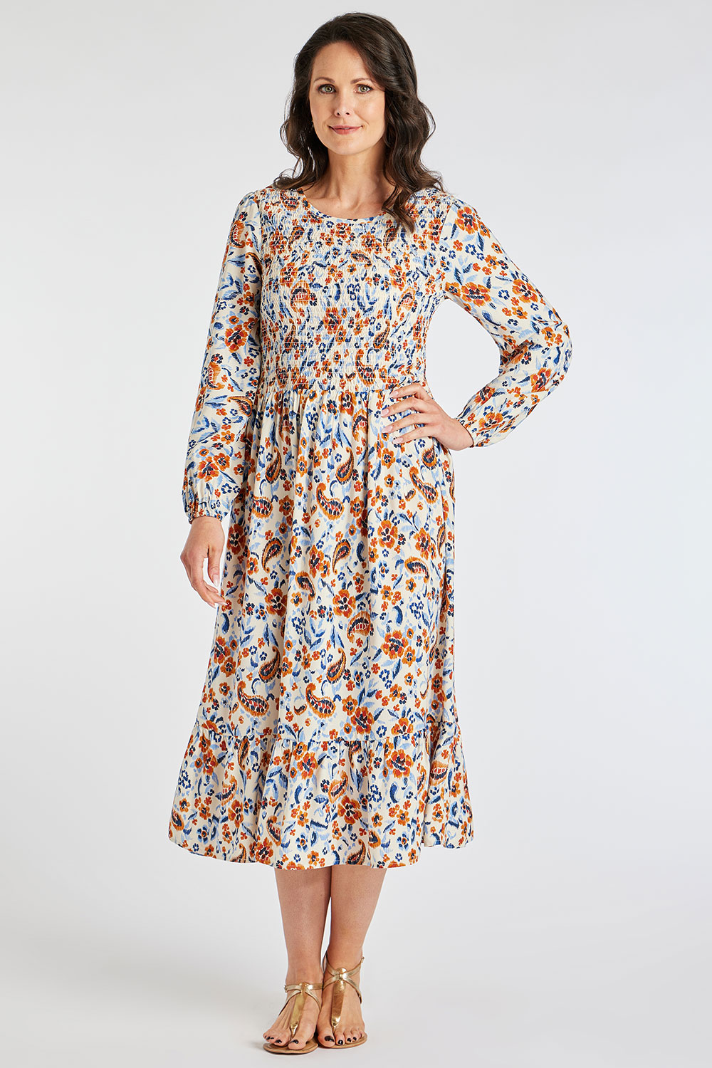 Long Sleeve Folk Floral Shirred Bodice Dress | Bonmarché