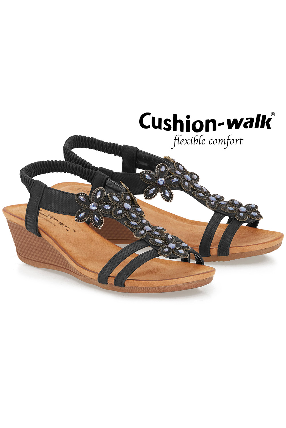 Womens Slip On Wide Fitting Summer Holiday Sandals Shoes with Flower Design  - Absolute Footwear
