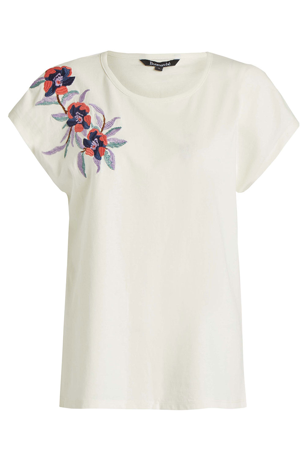 Short Sleeve Embroidered Floral Shoulder Detail Top | Bonmarché